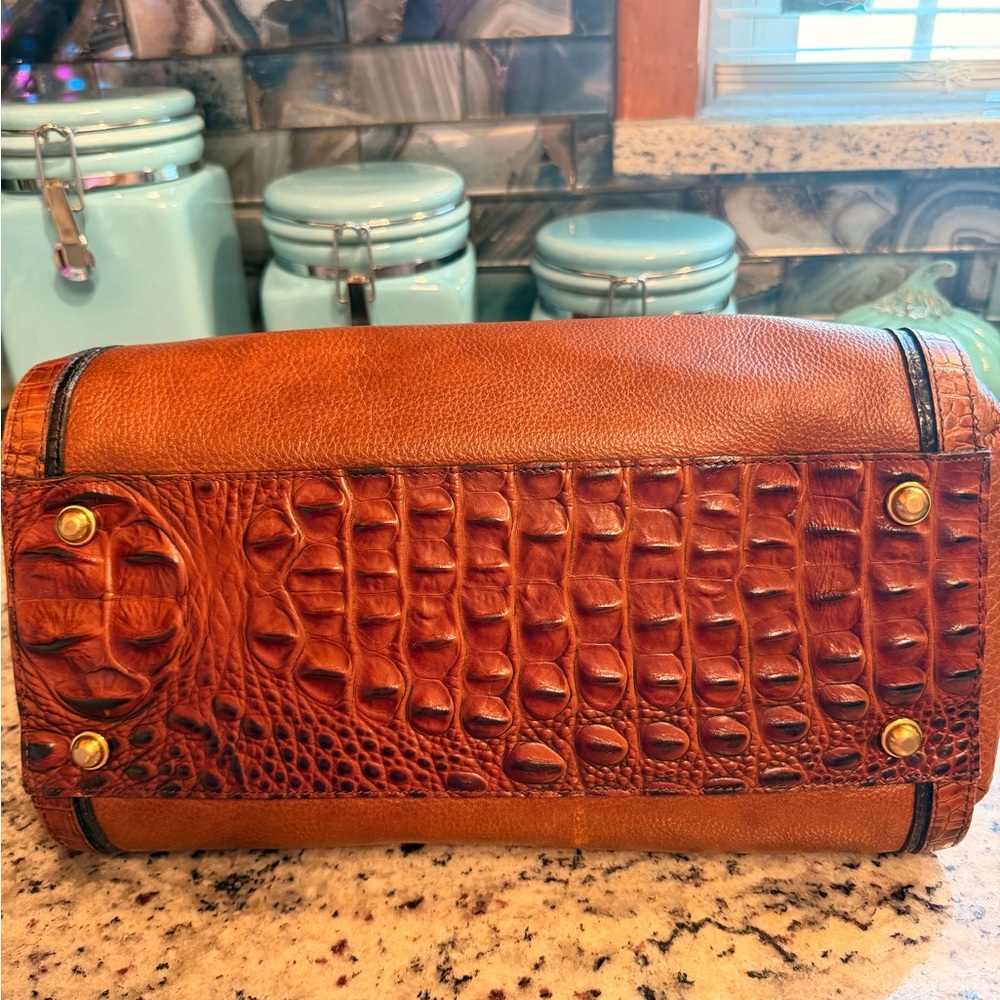 Brahmin Tan and Croc-Trim Leather Satchel with Gold Hardware/ Crossbody Strap - Picture 7 of 9